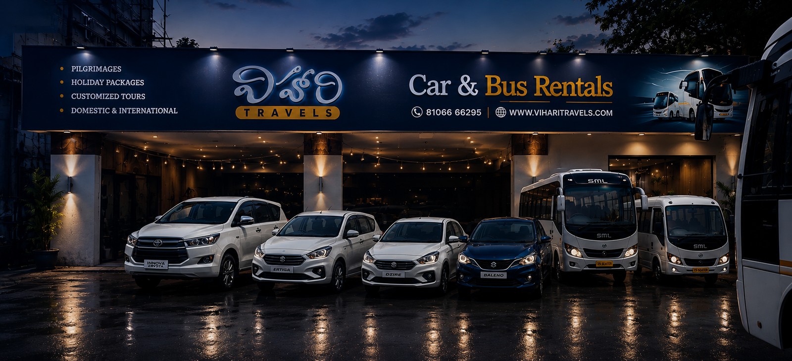 Vihari Travels fleet — Innova Crysta, Ertiga, Dzire, Baleno and SML buses