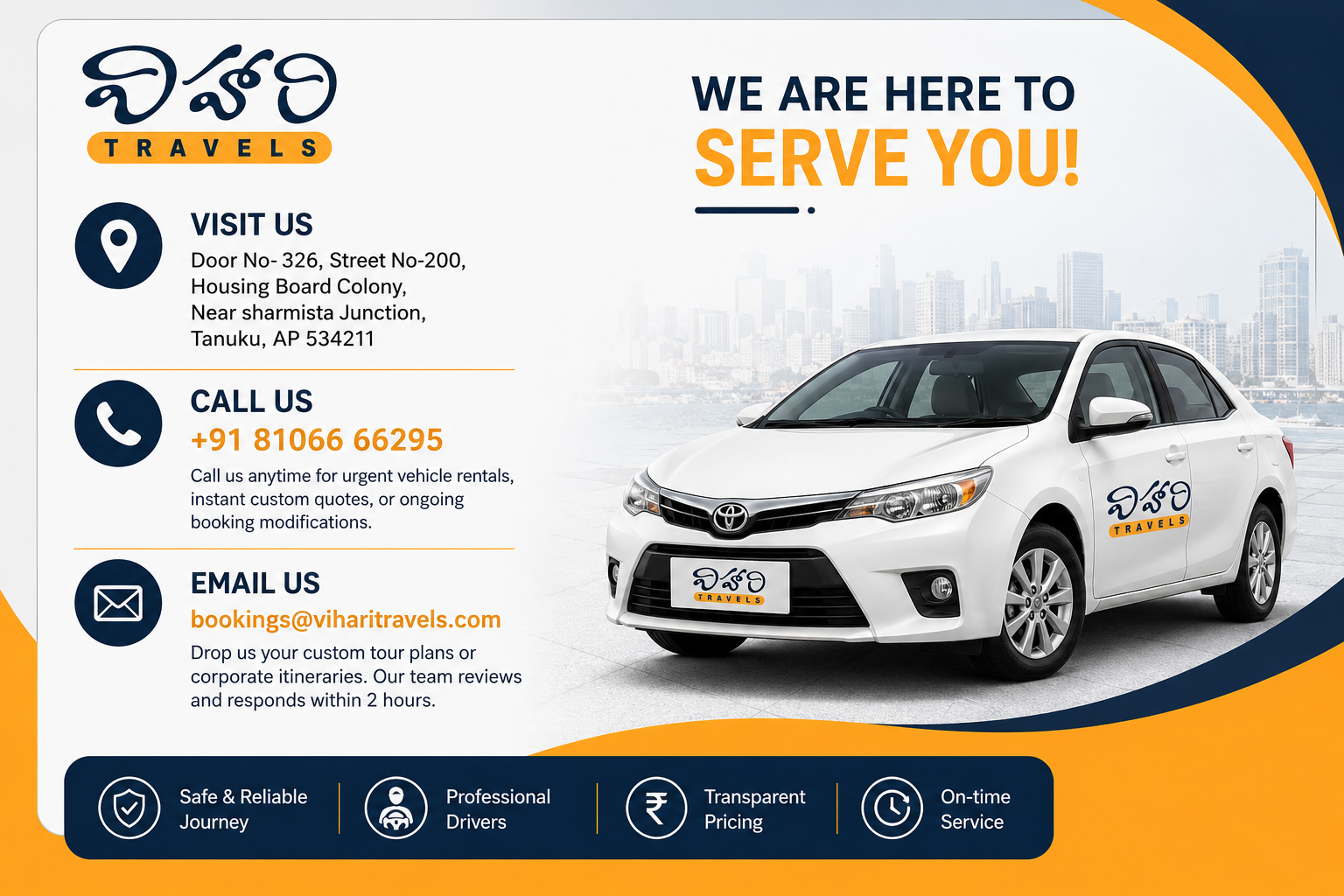 Vihari Travels one-way cab service from Tanuku to Vijayawada with comfortable taxi, reliable drivers, flexible pickup, and convenient booking options.