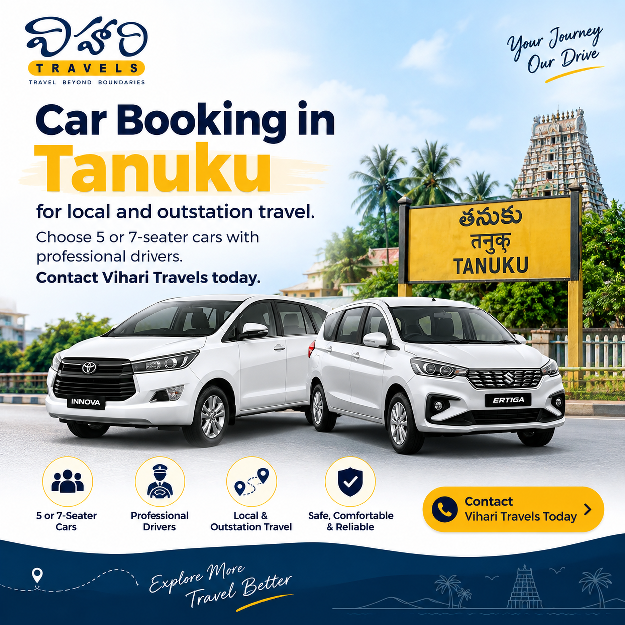 Vihari Travels Car Booking in Tanuku for local and outstation trips with comfortable 5 and 7-seater vehicles.