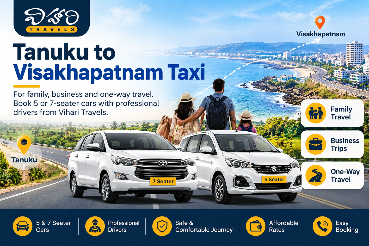 Vihari Travels Tanuku to Vizag taxi for family, business and one-way travel