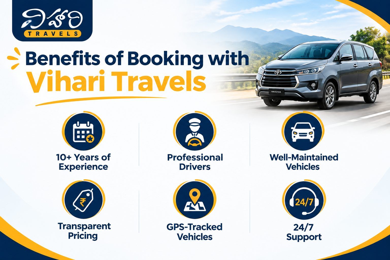 Benefits of booking with Vihari Travels for Innova Crysta rental, professional drivers, well-maintained vehicles and outstation travel in Tanuku.