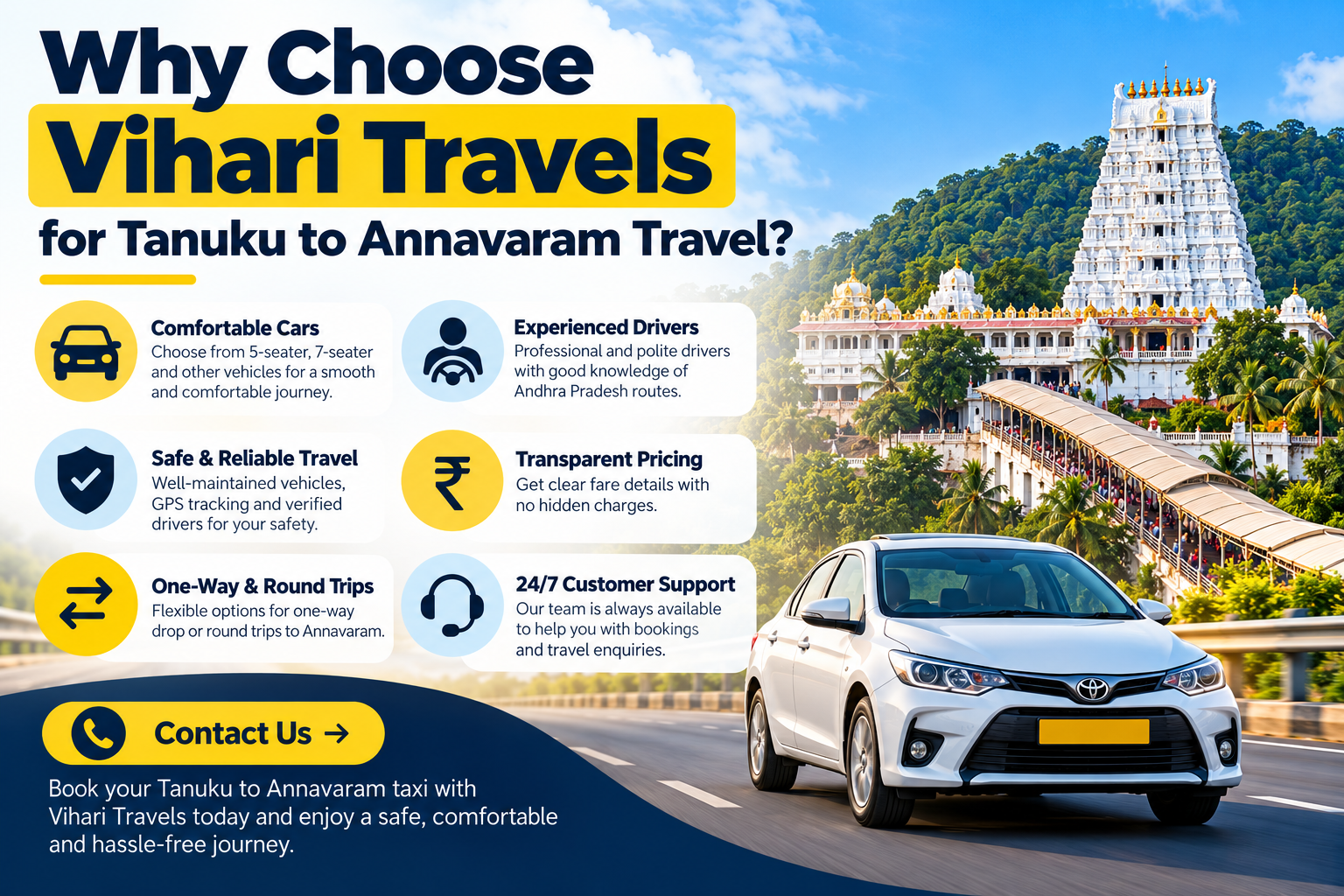 Why choose Vihari Travels for Tanuku to Annavaram taxi service with comfortable cars and reliable travel