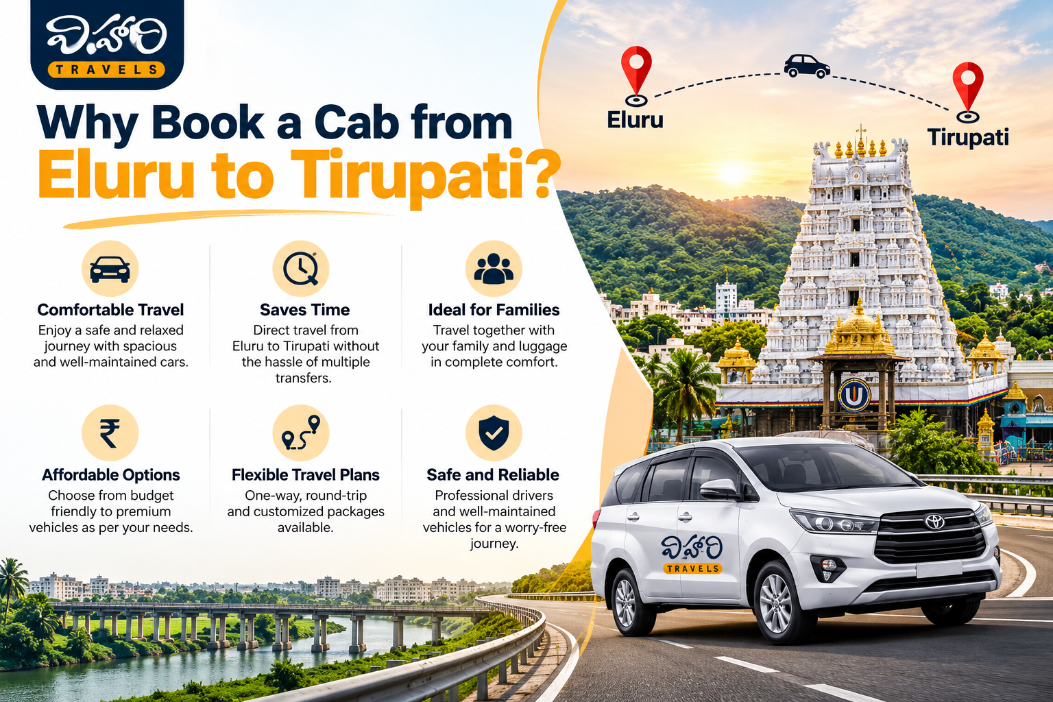 Cab Booking Eluru to Tirupati – Comfortable Outstation Taxi Service with Vihari Travels